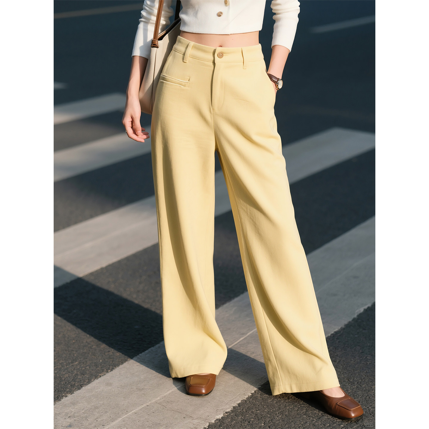 黄色简约休闲风高腰阔腿裤女2026年春季新款宽松直筒长裤遮胯显瘦,女装/女士精品,休闲裤,淘宝优惠券,粉丝福利购,淘宝优惠卷
