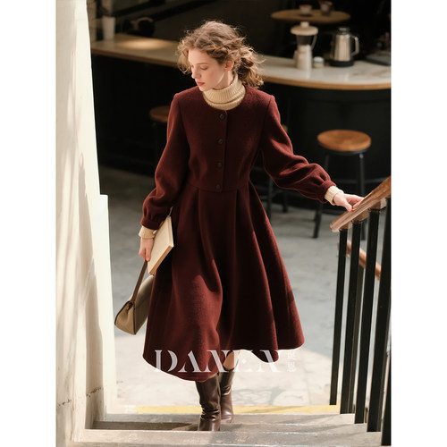 酒红色圆领长袖连衣裙女2025年