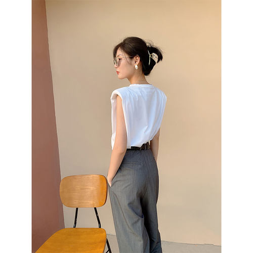 白色无袖垫肩t恤夏季直角肩上衣