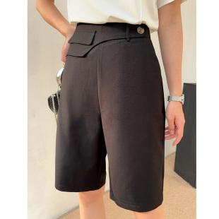 女2026年夏季 休闲直筒裤 新款 裤 子 冰丝高腰五分西装 黑色百慕大短裤