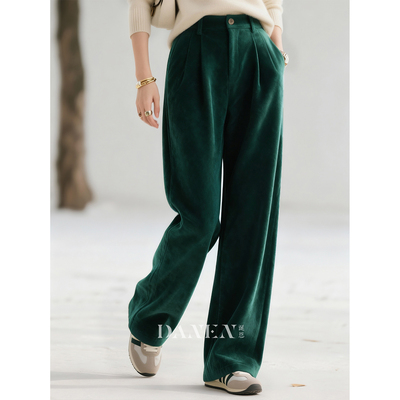 墨绿色高腰毛呢阔腿裤垂感长裤子
