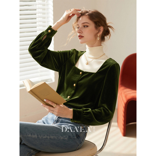 绿色方领丝绒长袖衬衫女2026年秋冬新款时髦洋气衬衣别致显瘦上衣