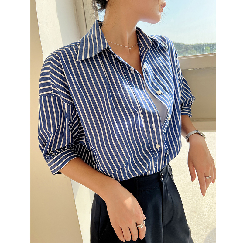 蓝色纯棉短袖条纹衬衫女夏季