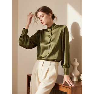 橄榄绿立领缎面衬衫女2026年春季新款高级感时尚气质别致衬衣上衣