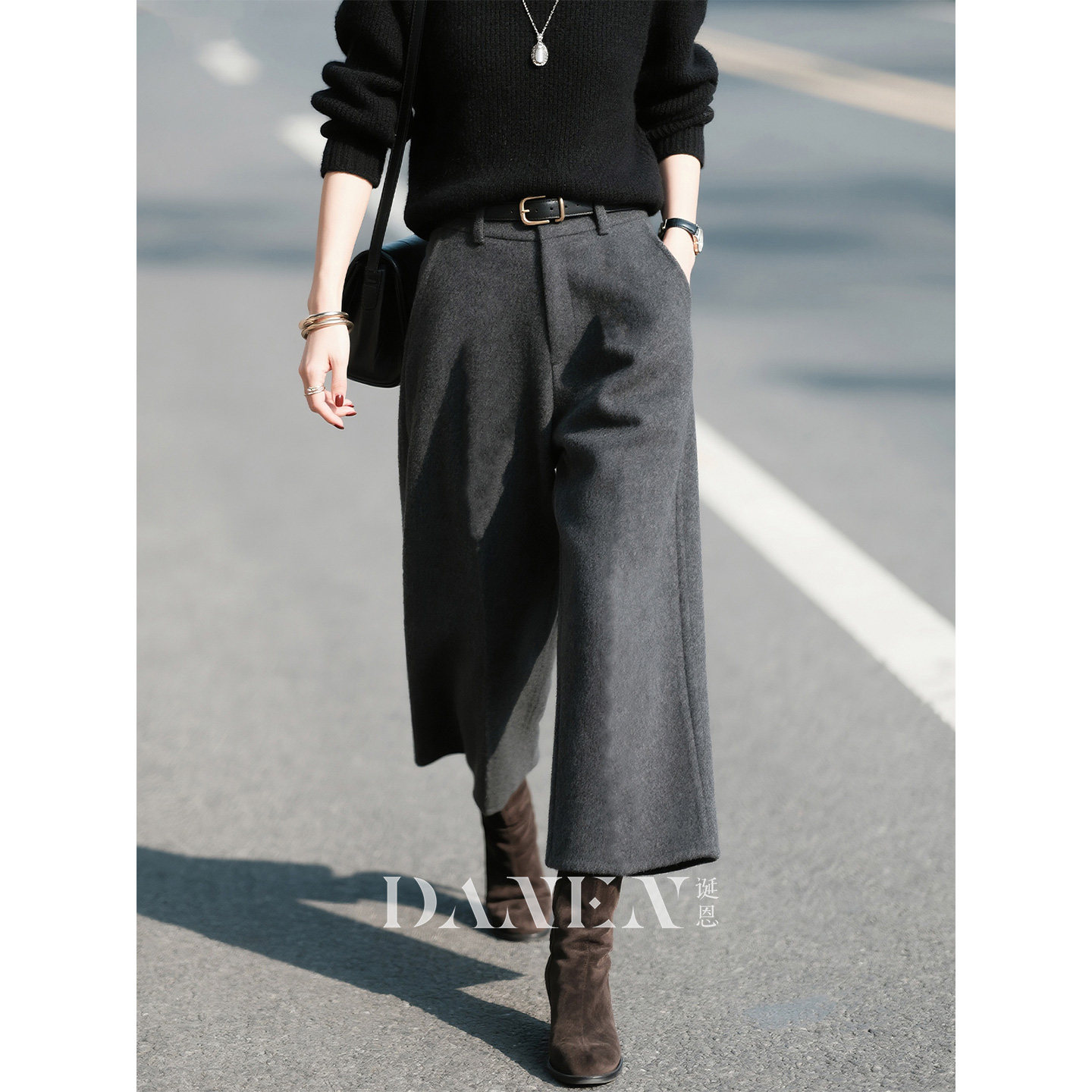 灰色羊毛高腰阔腿裤女2025秋冬