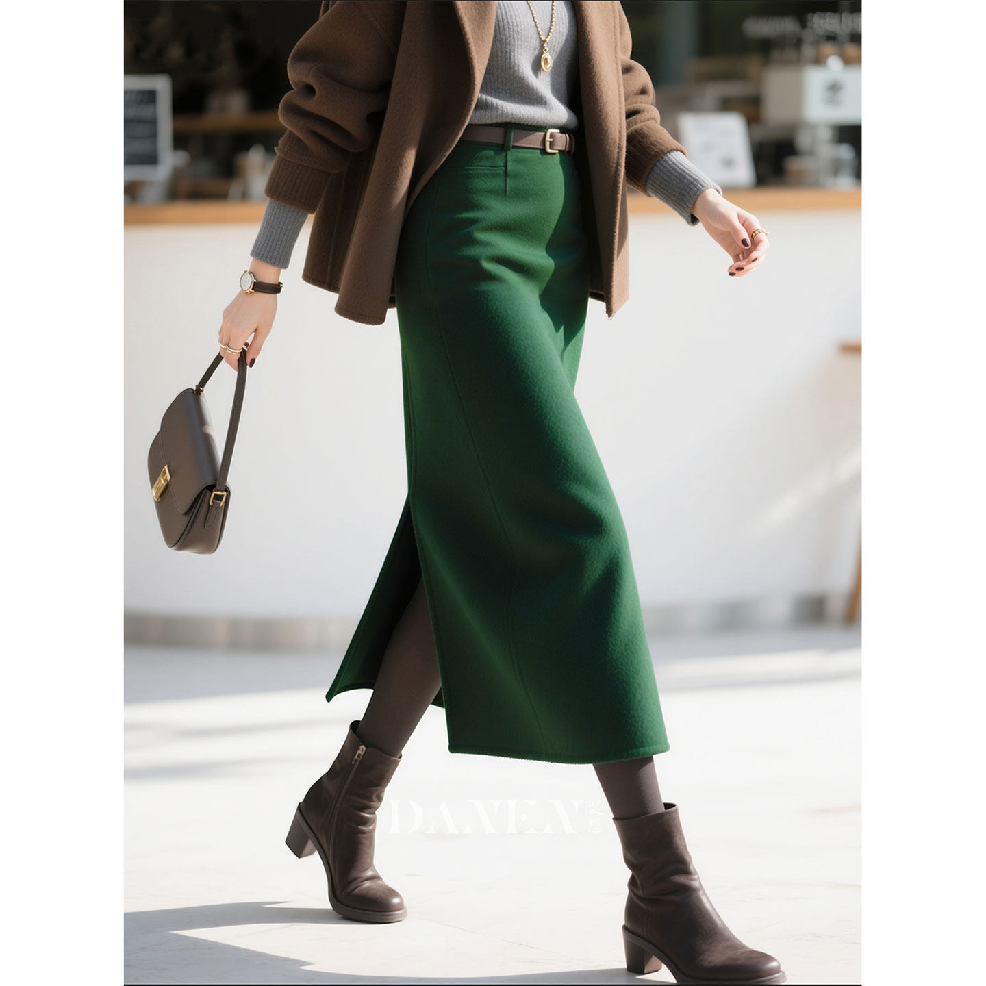 墨绿色羊毛半身裙女2025年秋冬