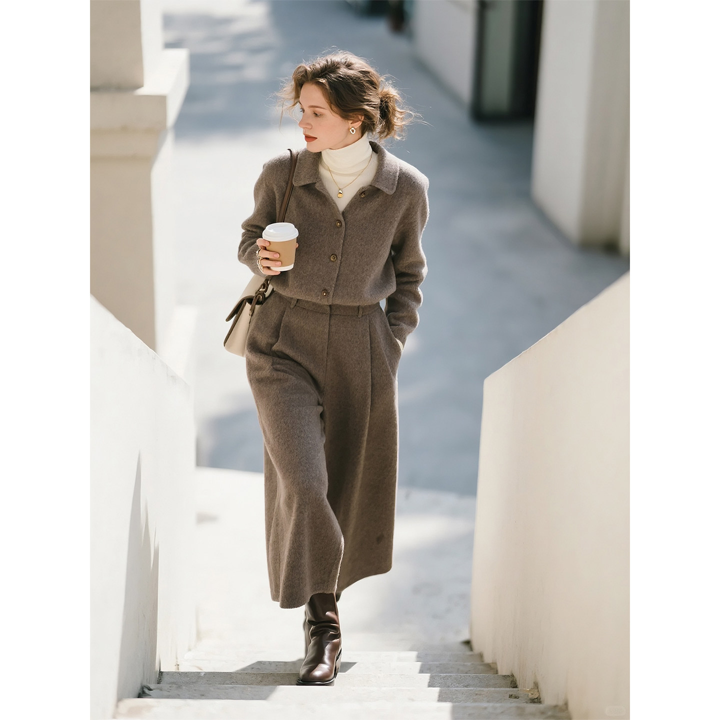 灰棕色套装女2026年春季新款绵羊毛毛呢时尚气质外套阔腿裤两件套,女装/女士精品,时尚套装,淘宝优惠券,粉丝福利购,淘宝优惠卷