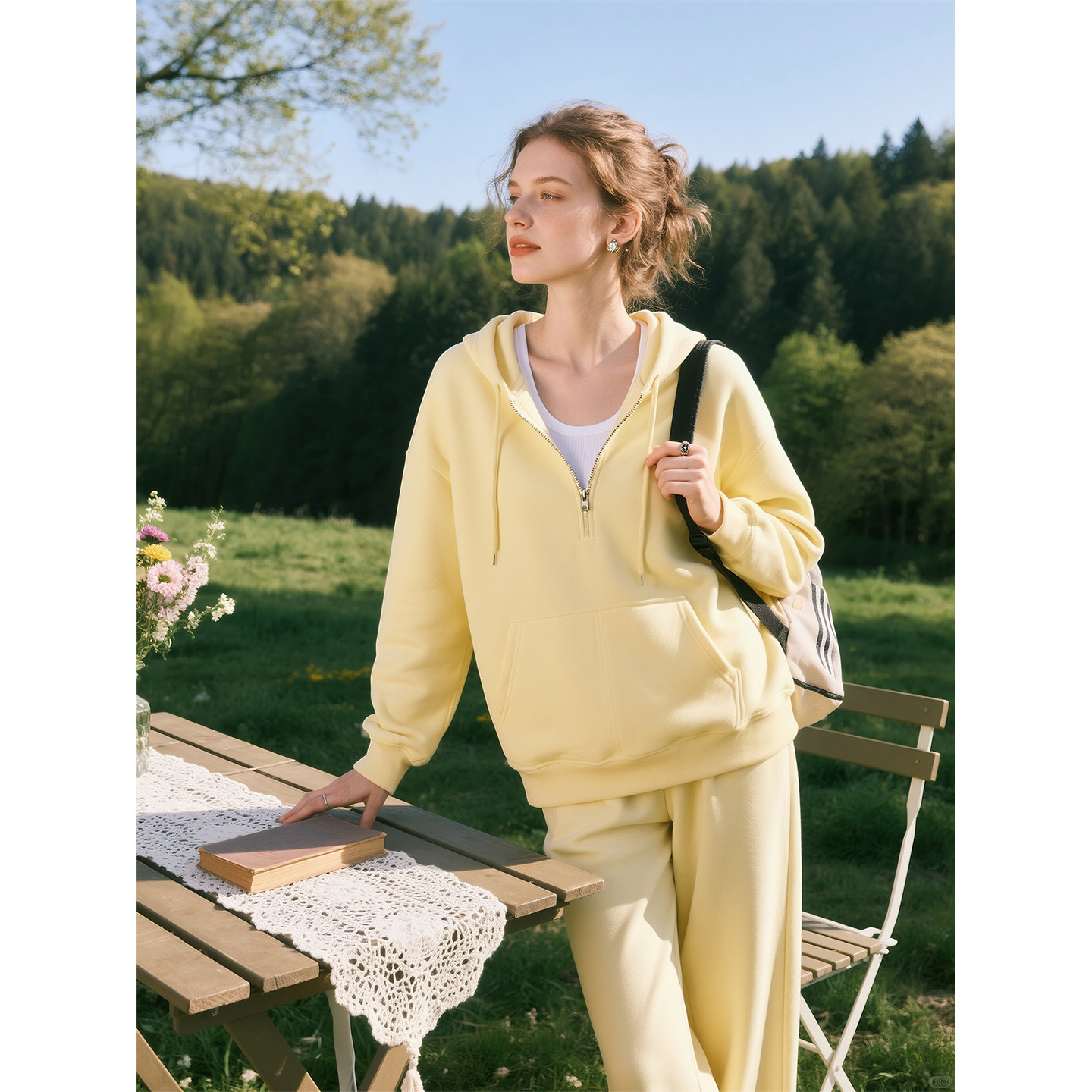黄色慵懒风连帽半拉链卫衣套装女2026年春季新款松弛感舒适两件套,女装/女士精品,时尚套装,淘宝优惠券,粉丝福利购,淘宝优惠卷