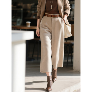 燕麦色羊毛七分毛呢阔腿裤女2026年秋冬新款时尚气质高腰直筒裤子