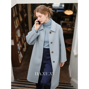 雾霾蓝羊毛大衣女2026秋冬新款呢子浴袍款单排扣双面呢中长款外套