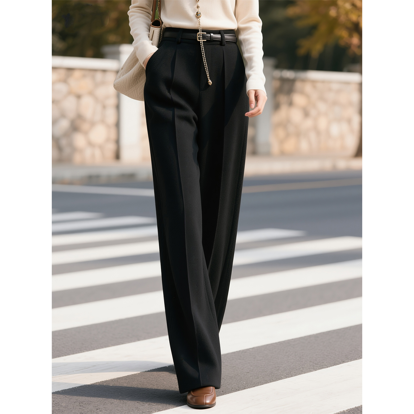 黑色毛呢西装阔腿裤女2025年秋冬