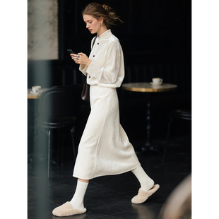 半身裙两件套休闲通勤穿搭 立领衬衫 白色丝绒套装 女2025年秋冬新款