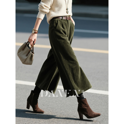 橄榄绿灯芯绒七分阔腿裤女2025