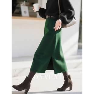 墨绿色半身裙女2025秋冬新款 开叉直筒裙子 羊毛复古高腰显瘦中长款