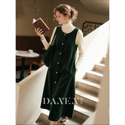 墨绿色灯芯绒纯棉无袖连衣裙女