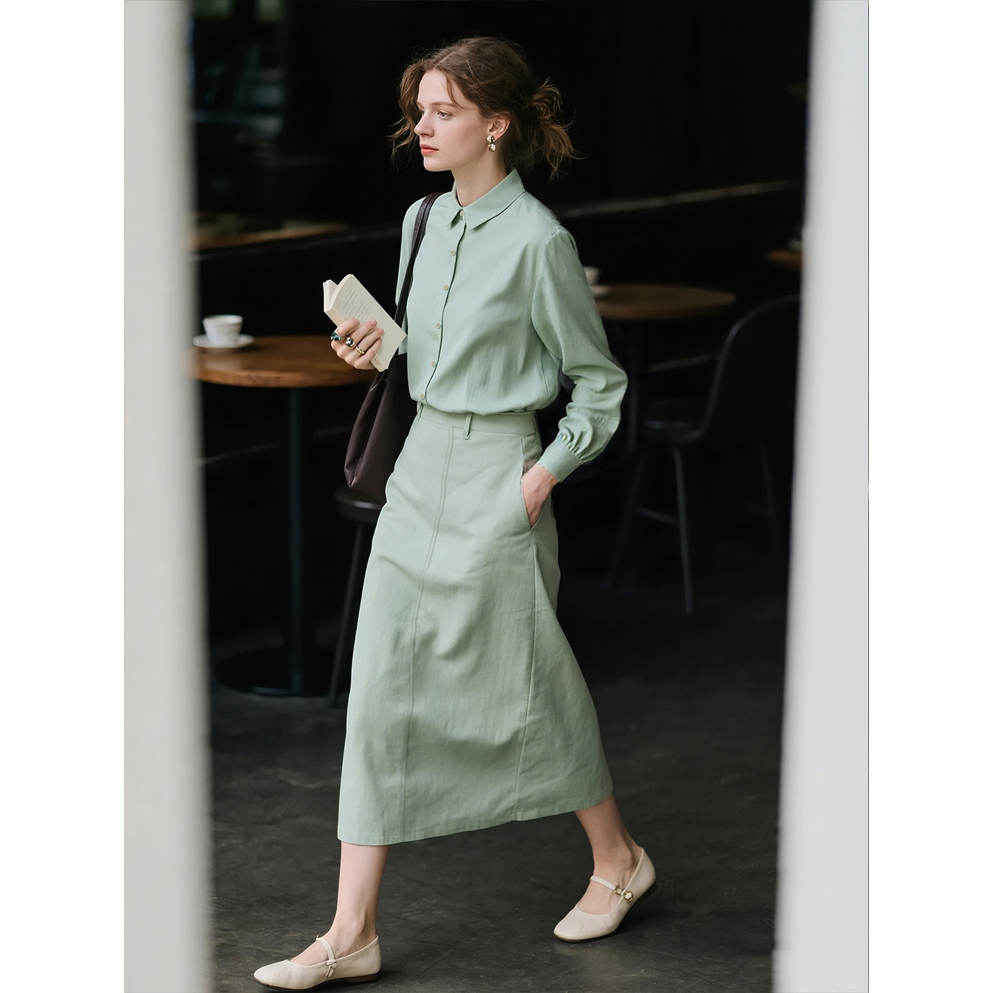 绿色天丝套装女秋季两件套