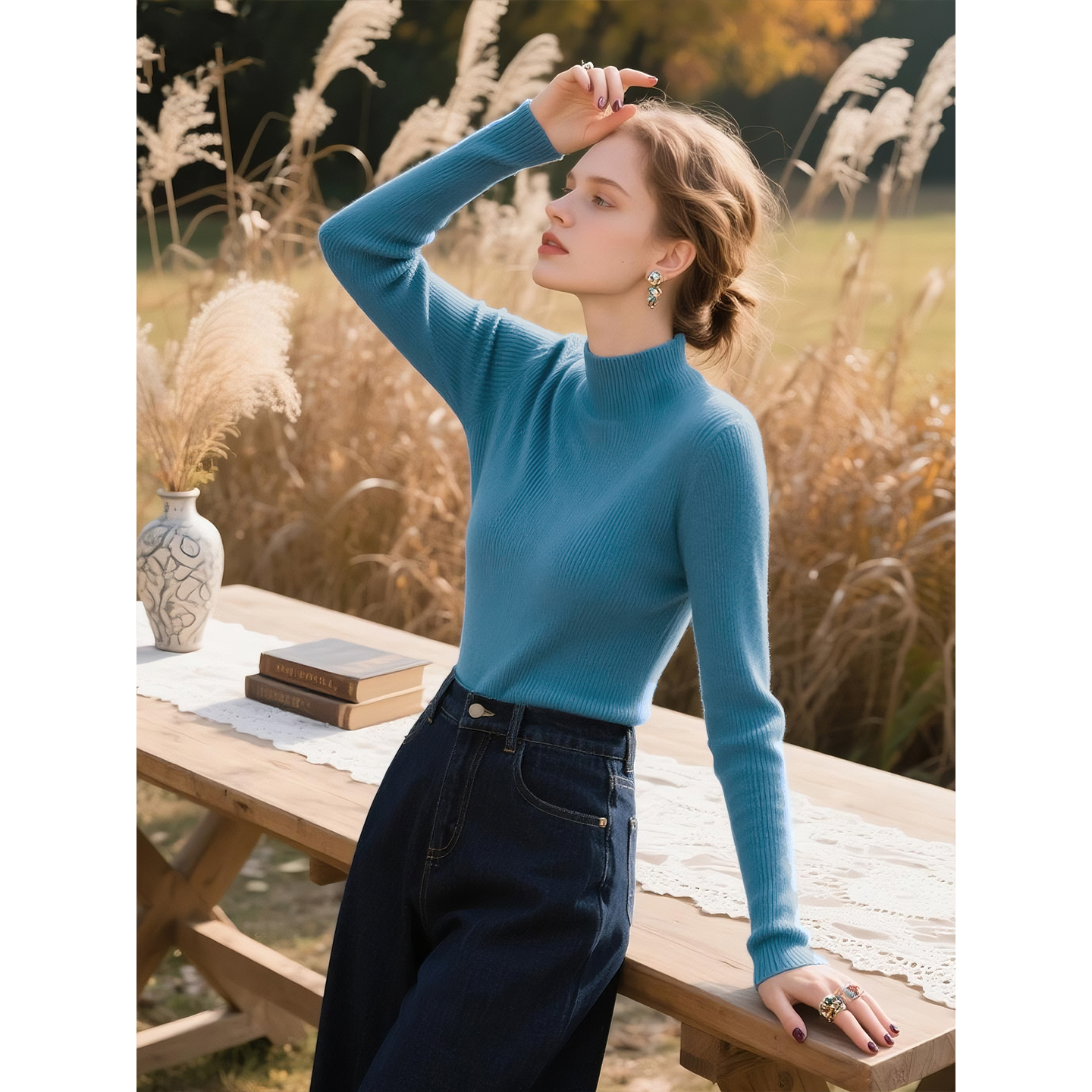 海蓝色半高领羊毛毛衣针织衫女