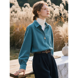 孔雀蓝色磨毛衬衫女2025年秋冬新款高级感时尚全棉衬衣叠穿上衣
