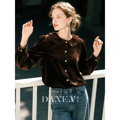 黑棕色娃娃领丝绒衬衫女2025秋冬