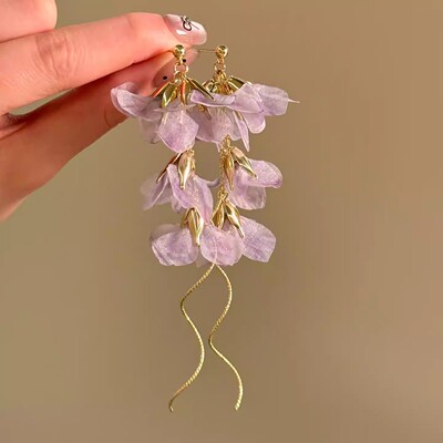 夏日甜美紫色花朵流苏耳钉度假风