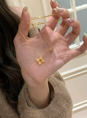 小众拉丝四叶草闪钻锁骨链女