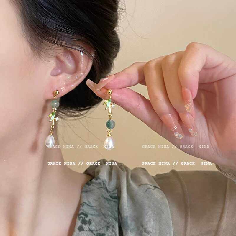 爆款耳钉竹叶珍珠高级感