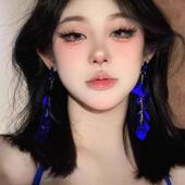 梦核感 蓝色花瓣耳环女复古夸张流苏耳坠韩系高级感轻奢耳钉耳夹