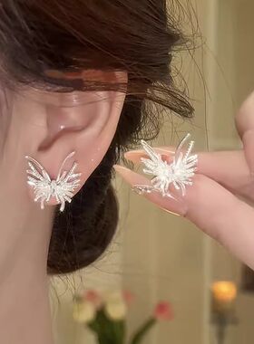 s925银针锆石蝴蝶耳钉小众百搭