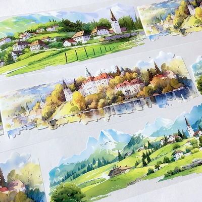 汐岸留痕.手账pet胶带四季房屋田园咕卡流麻和纸贴纸分装素材整卷