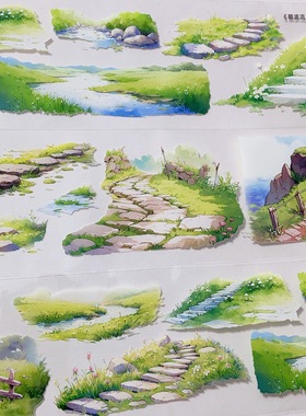 碧波流泉.手账pet胶带自然小溪石路造景手工流麻拼贴装饰素材整卷