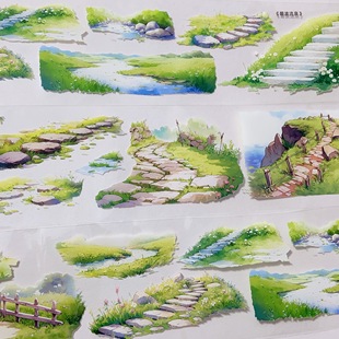 碧波流泉.手账pet胶带自然小溪石路造景手工流麻拼贴装饰素材整卷