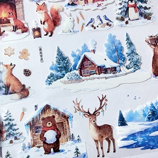 麋鹿雪屋 手账和纸pet胶带雪冬麋鹿木屋咕卡流麻贴纸分装素材整卷