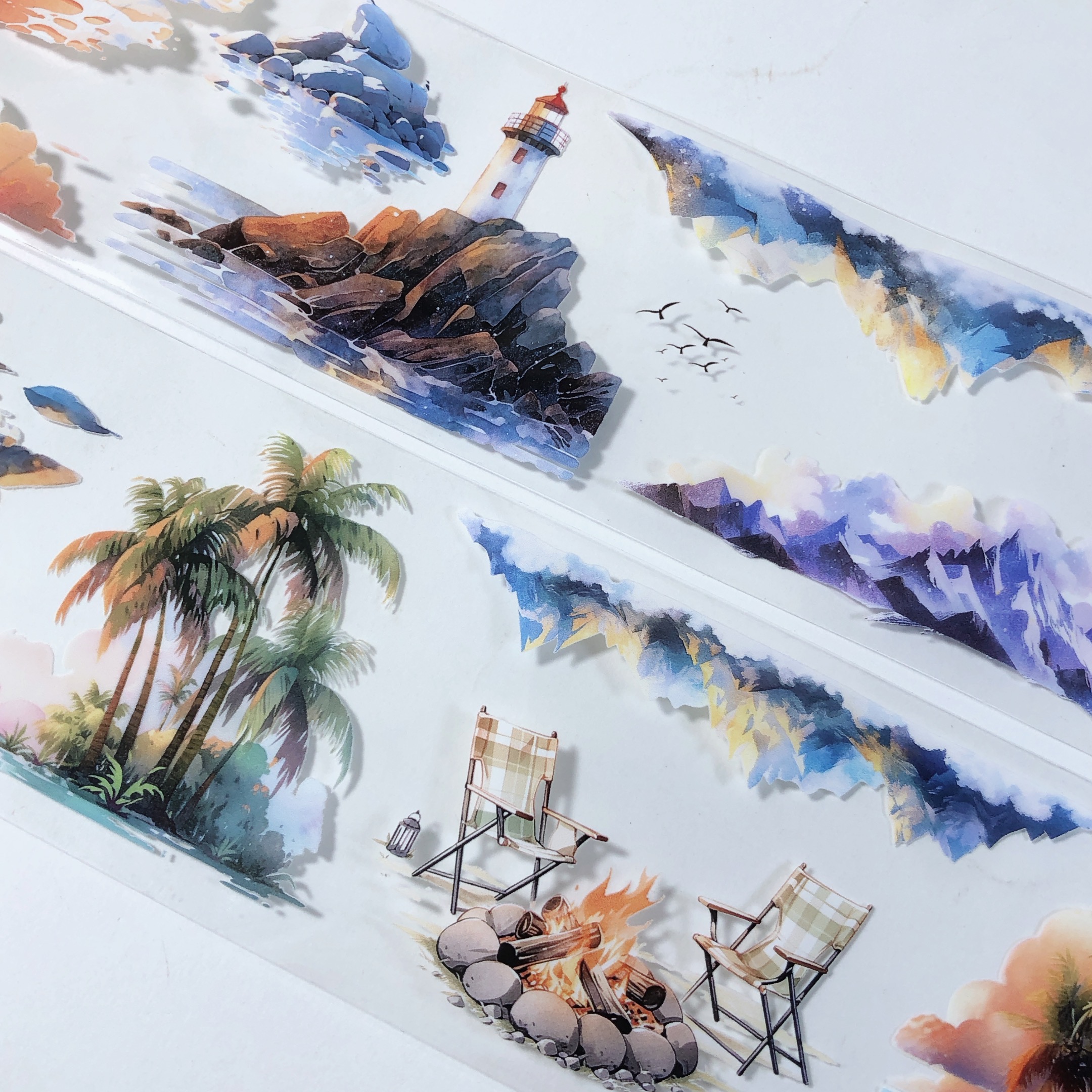 浪卷金沙.手帐pet胶带海边椰树造景咕卡流麻手账和纸贴纸分装素材