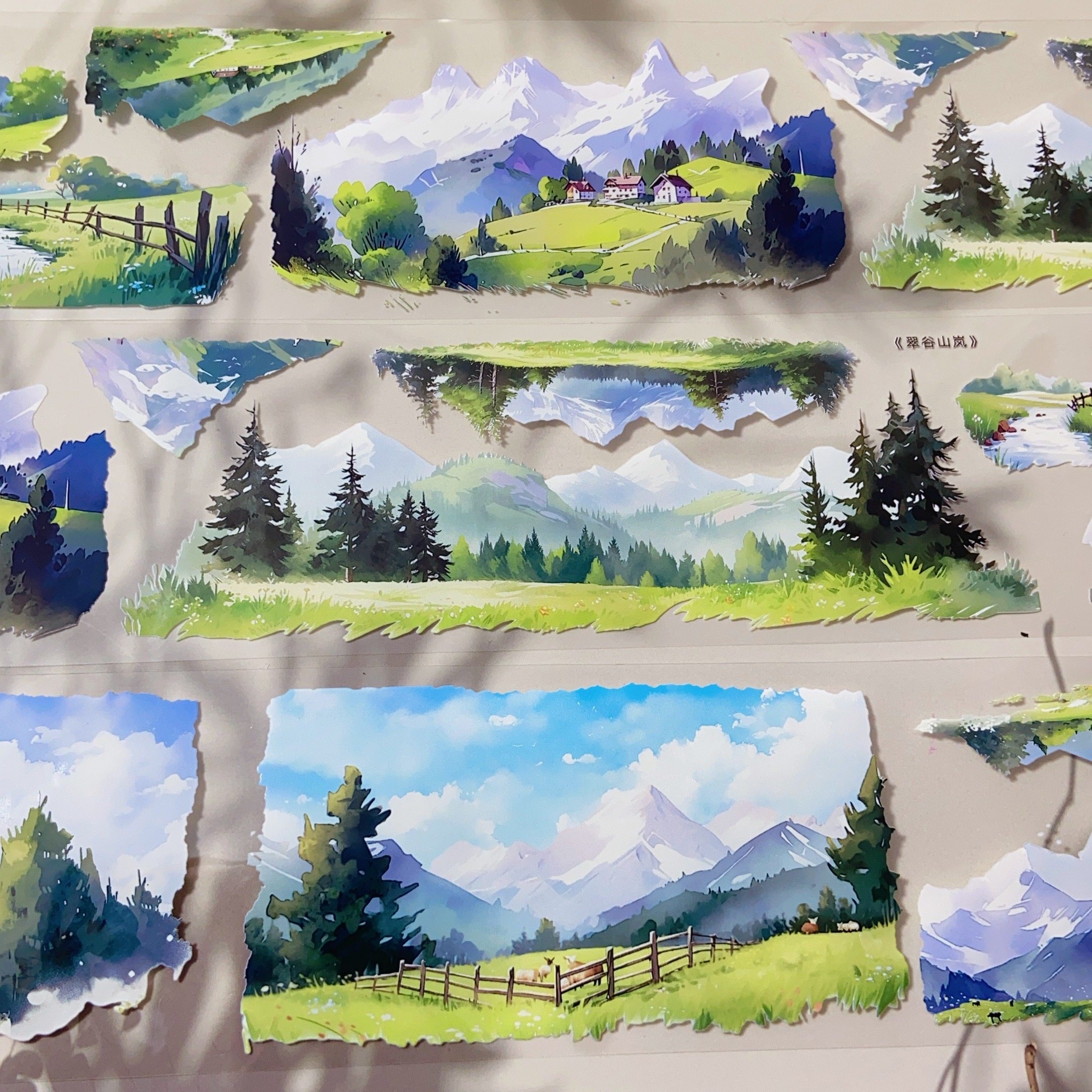翠谷山岚.手账pet胶带自然山川河流造景手工流麻拼贴装饰素材整卷