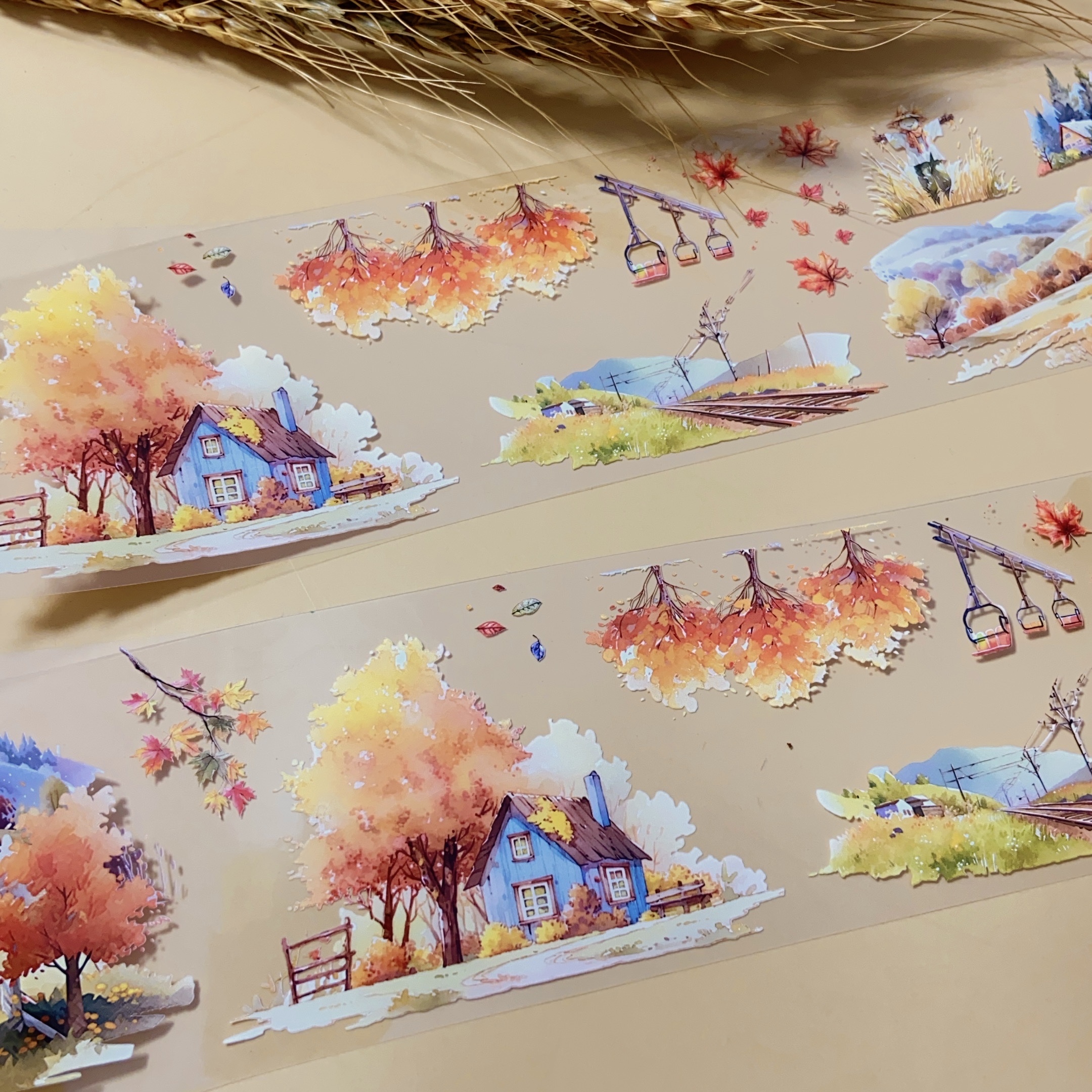 秋风送爽.手帐pet胶带秋日枫叶房屋咕卡流麻和纸贴纸分装素材整卷