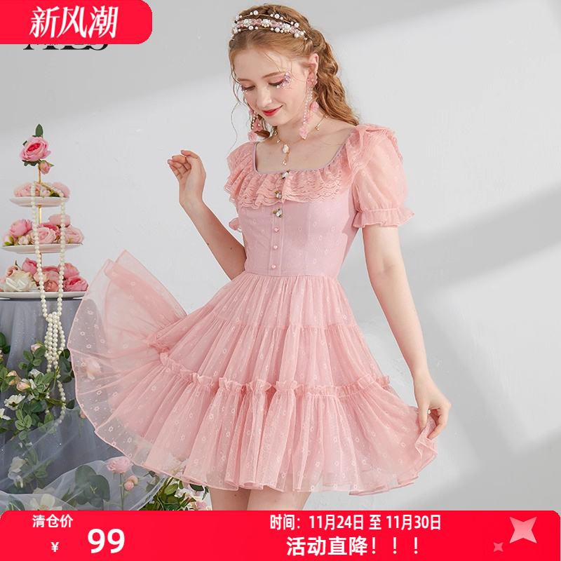 艾丽丝2025夏季新款甜美减龄公主裙子方领短袖收腰显瘦短款连衣裙