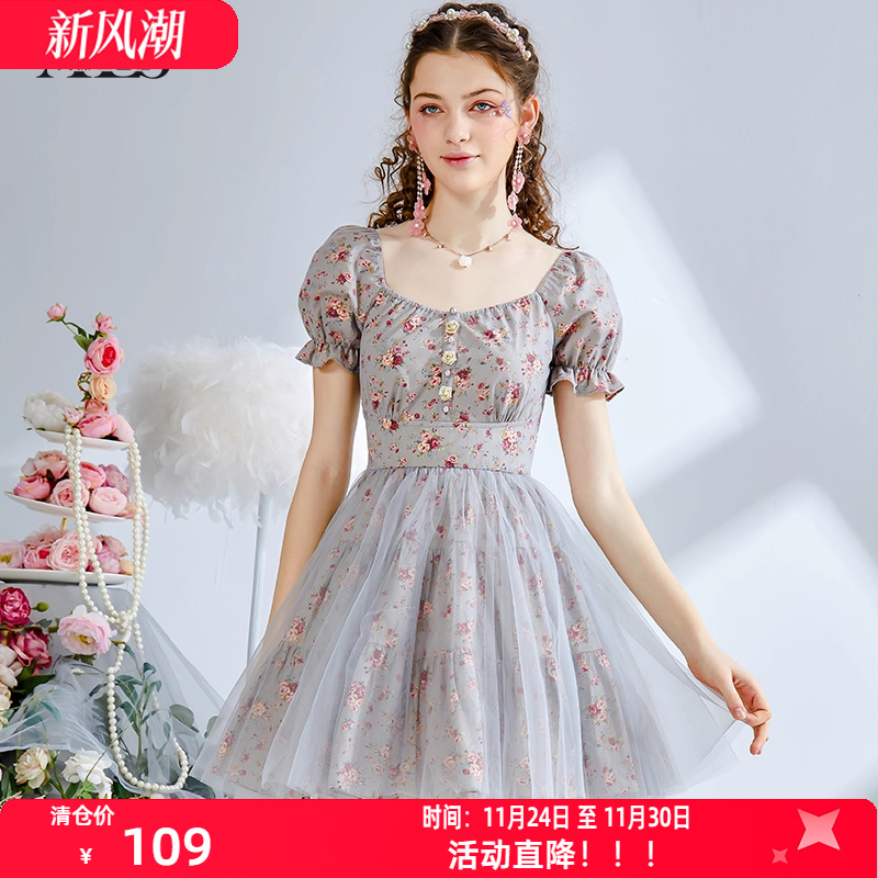 艾丽丝2025夏季新款灰色复古印花短款连衣裙女甜美网纱显瘦公主裙