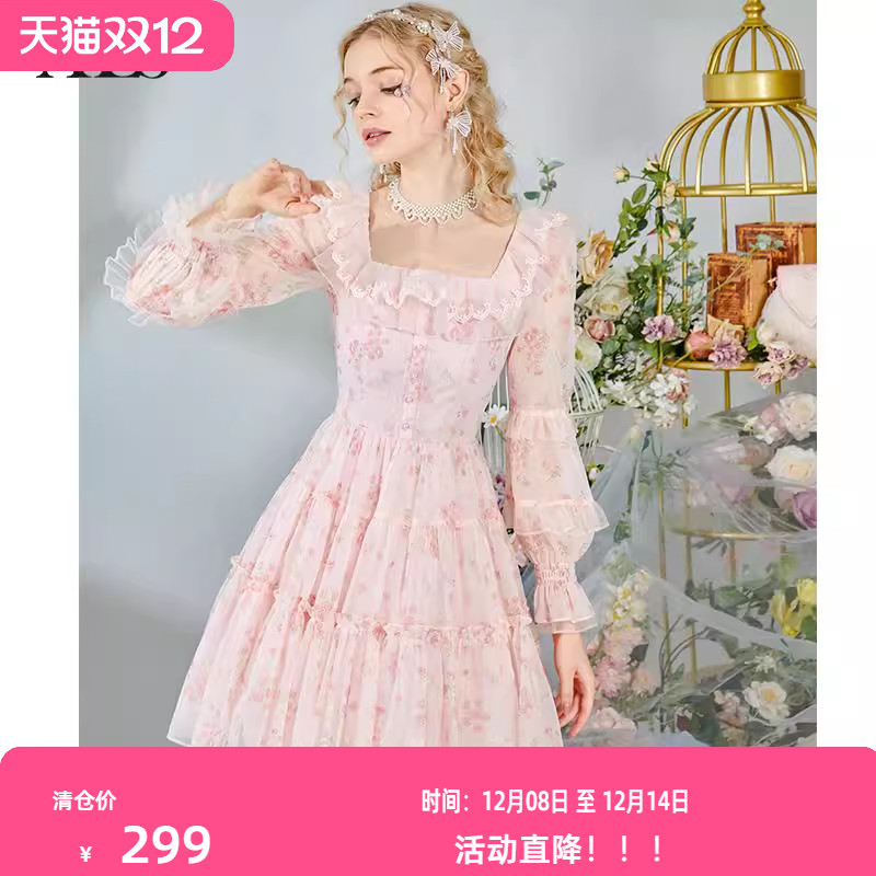 艾丽丝2025秋季新款重工刺绣蕾丝蛋糕裙粉色甜美公主风短款连衣裙