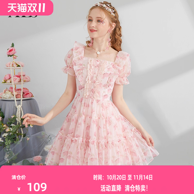 艾丽丝2025夏季新款粉色甜美公主裙蕾丝花边泡泡袖方领短款连衣裙