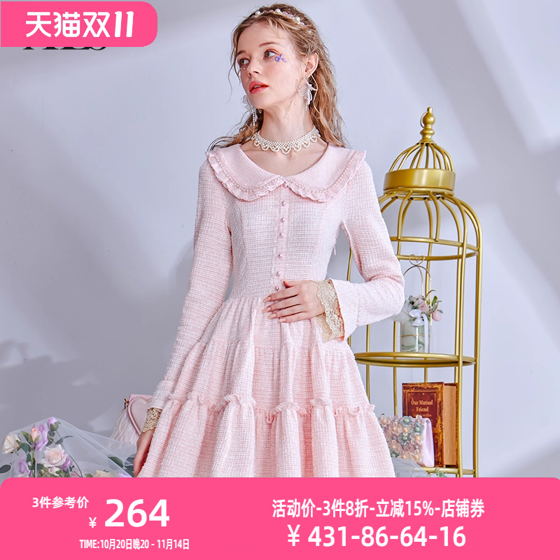 艾丽丝2025秋季新款超仙娃娃领连衣裙女粉色甜美短款公主风裙子