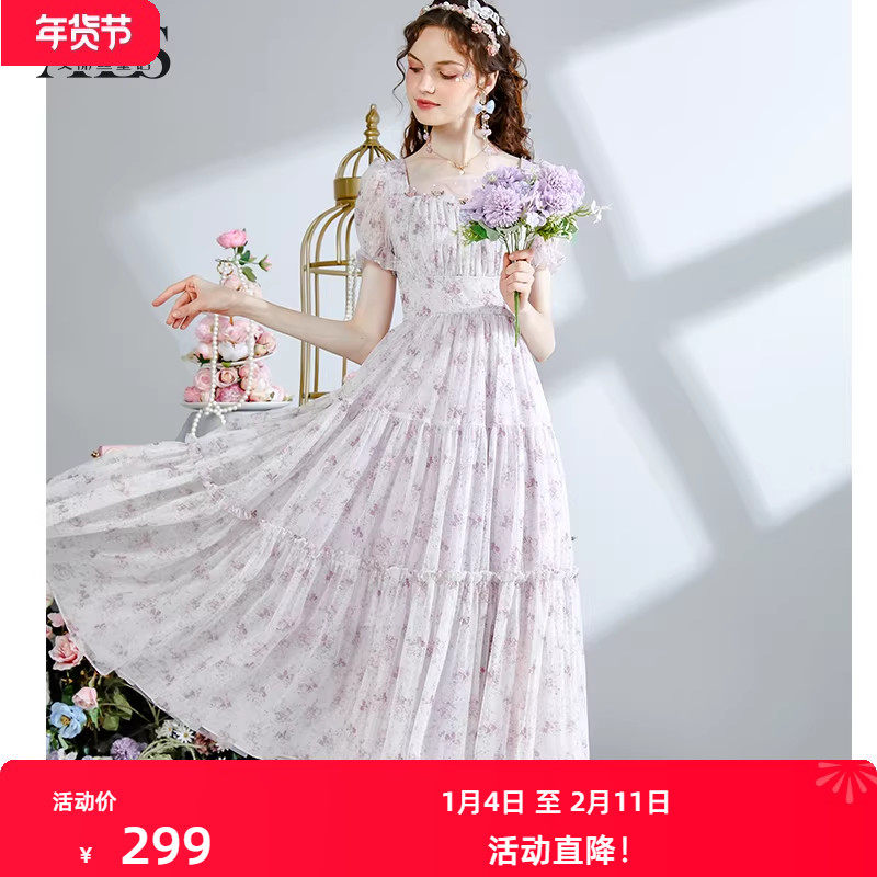 艾丽丝2025夏季新款连衣裙网纱拼接印花中长裙方领甜美短袖仙女裙,女装/女士精品,连衣裙,淘宝优惠券,粉丝福利购,淘宝优惠卷