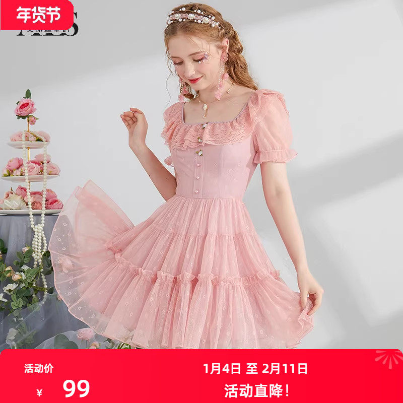 艾丽丝2025夏季新款甜美减龄公主裙子方领短袖收腰显瘦短款连衣裙