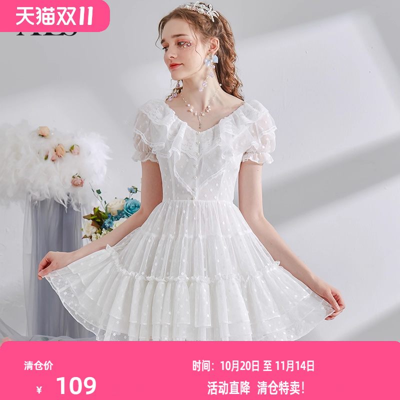 艾丽丝2025夏季新款波点蛋糕连衣裙女荷叶领泡泡袖甜美短款公主裙
