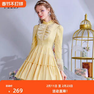 艾丽丝2026春季新款灯芯绒黄色甜美公主风蛋糕裙泡泡袖短款连衣裙