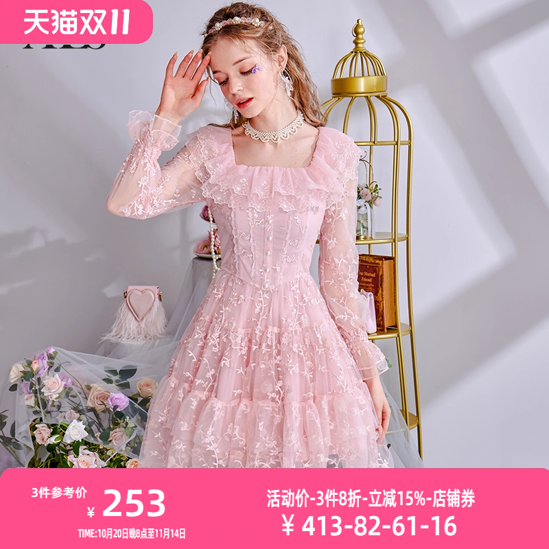 艾丽丝2025秋季新款超仙粉色蕾丝短款长袖连衣裙女刺绣短款公主裙
