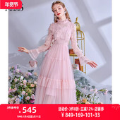 粉色仙女裙圆领荷叶边显瘦显高中长款 艾丽丝2026春季 新款 连衣裙女
