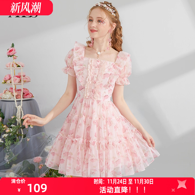艾丽丝2025夏季新款粉色甜美公主裙蕾丝花边泡泡袖方领短款连衣裙