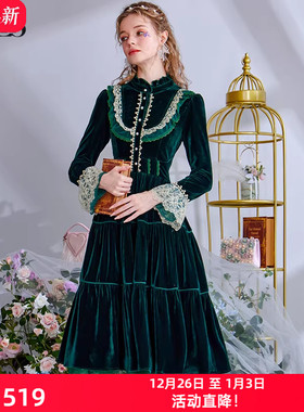艾丽丝2025秋季新款优雅英伦风中长款连衣裙女泡泡袖绿色丝绒长裙