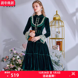连衣裙女泡泡袖 优雅英伦风中长款 绿色丝绒长裙 新款 艾丽丝2025秋季