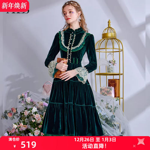艾丽丝2025秋季新款优雅英伦风中长款连衣裙女泡泡袖绿色丝绒长裙